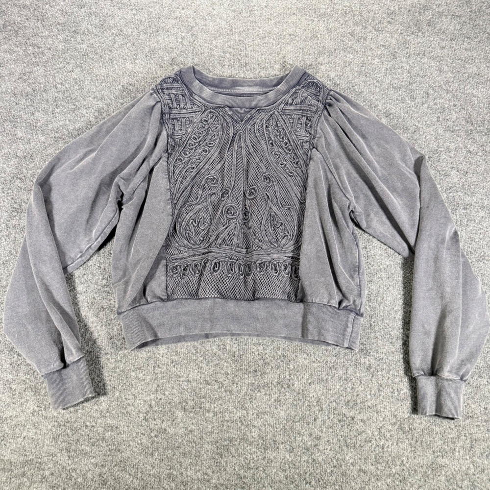 Pilcro Anthropologie Sweatshirt Embroidered Lace Mesh Front Grey S Womens Boho